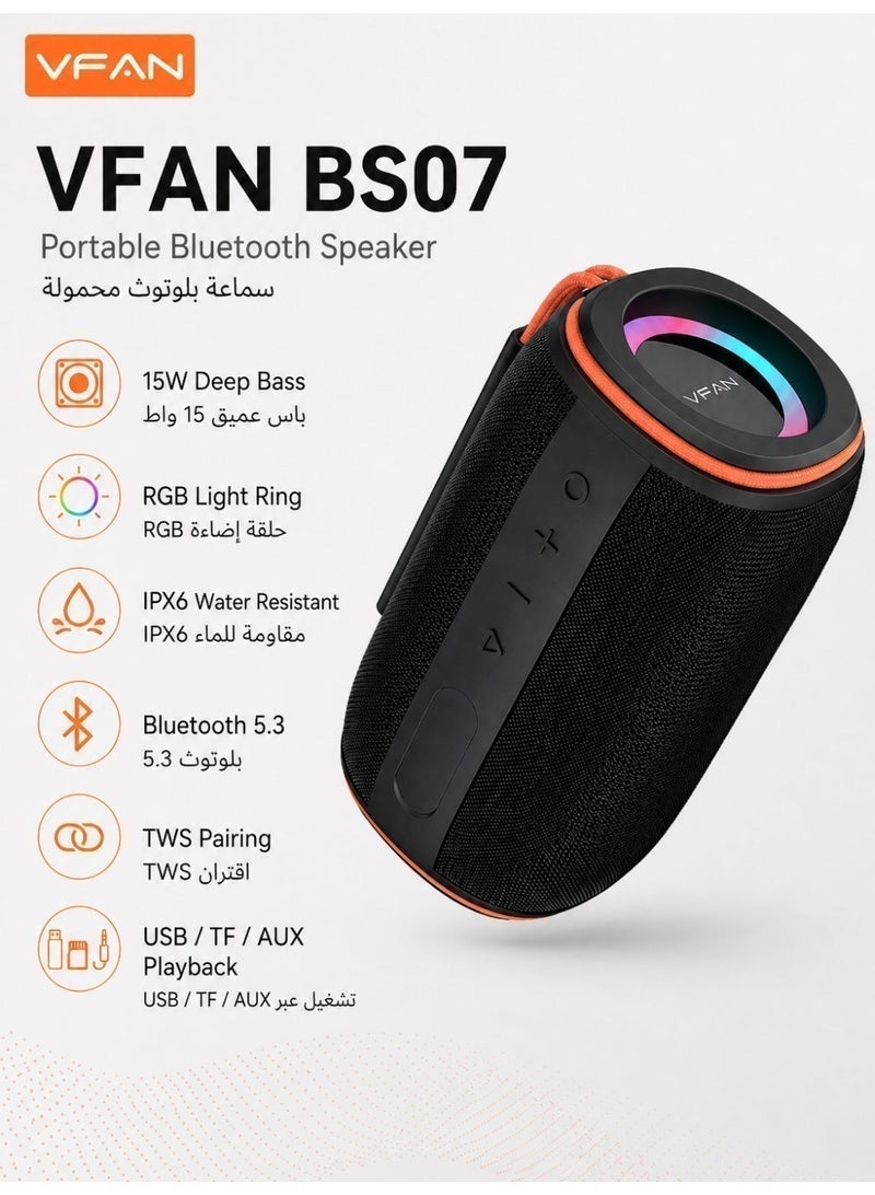 VFAN BS07 Portable Bluetooth Speaker 15 W Deep Bass RGB Light IPX6 Water Resistant TWS USB TF AUX Black - Image 1