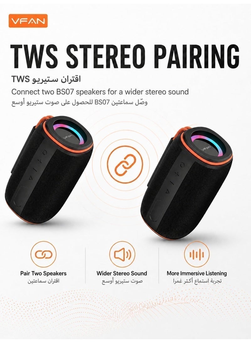 VFAN BS07 Portable Bluetooth Speaker 15 W Deep Bass RGB Light IPX6 Water Resistant TWS USB TF AUX Black - Image 2