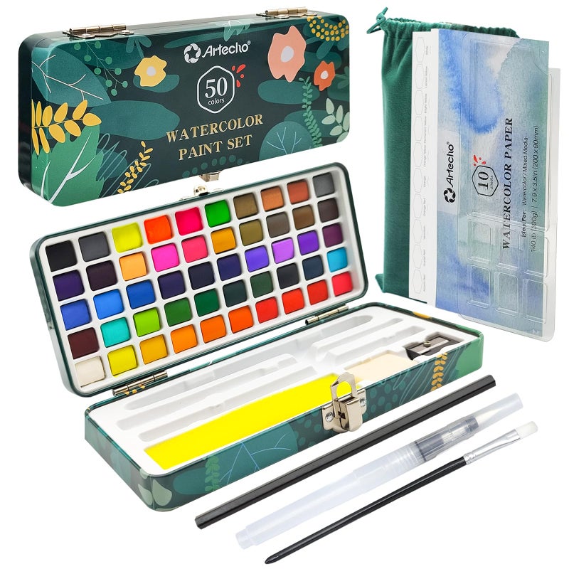 Artecho Watercolor Paint Set 50 Colors Travel Watercolor Set with Watercolor Papers and Brushes Ideal for Amateur Hobbyists Painting Lovers and Artists