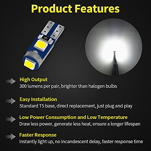 AUXLIGHT 20 Piece T5 LED Bulbs Dashboard Lights 3030 Chipsets 74 37 27 17 2721 Replacements for Interior Dome Door Instrument Panel Cluster Light, 6000K White - Image 2
