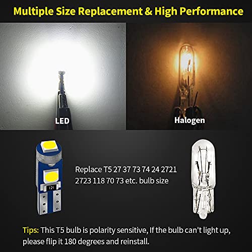 AUXLIGHT 20 Piece T5 LED Bulbs Dashboard Lights 3030 Chipsets 74 37 27 17 2721 Replacements for Interior Dome Door Instrument Panel Cluster Light, 6000K White - Image 3