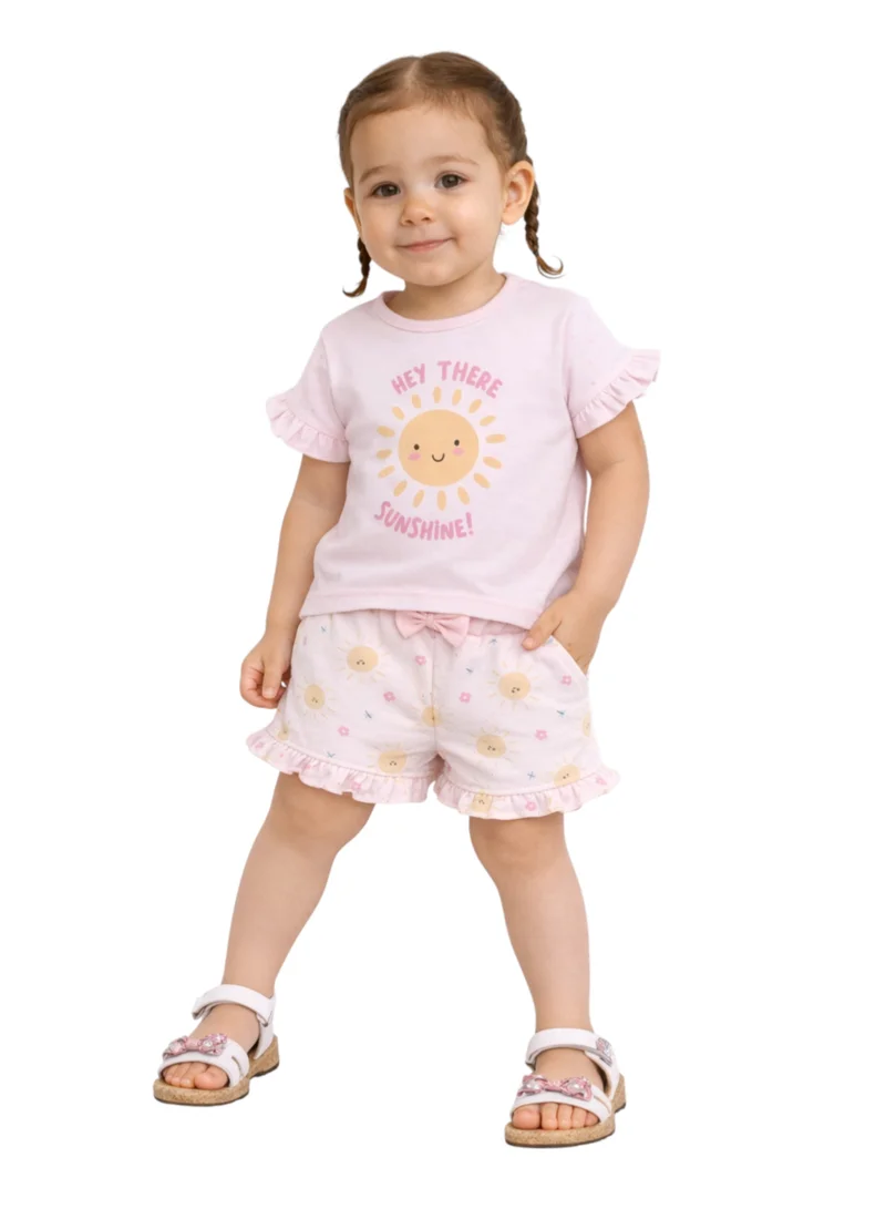 فكتور اند جين Infant Girls’ 2-Piece Set – Sunshine Slogan Top & Floral Ruffle Shorts