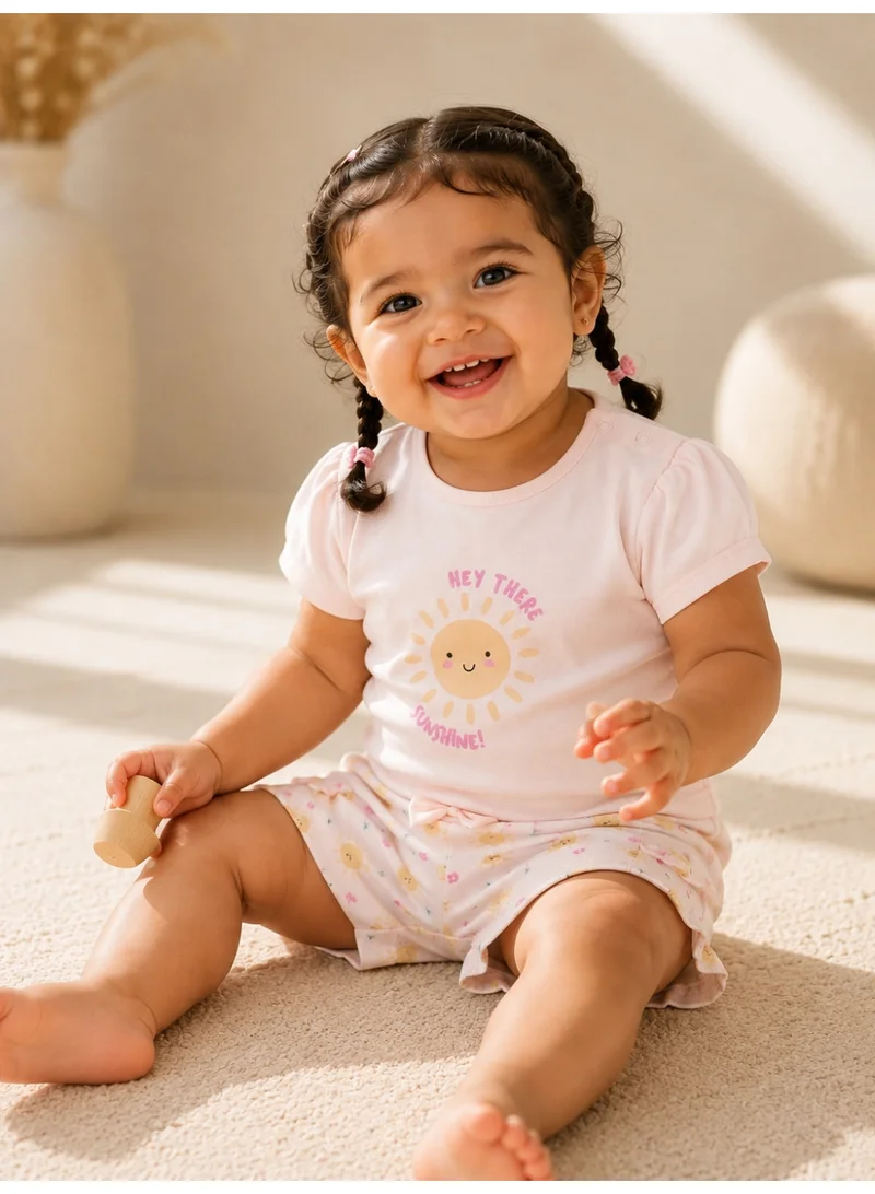Victor And Jane New Infant Girls’ 2-Piece Set – Sunshine Slogan Top & Floral Ruffle Shorts for Women | Best Price UAE