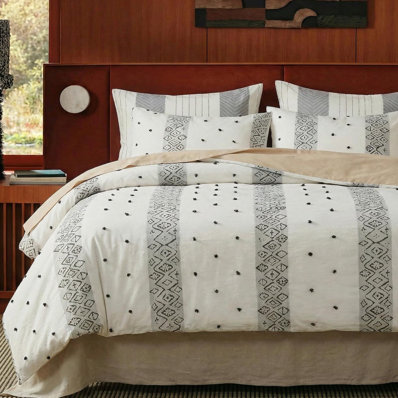 Cozaline 100% Cotton Duvet Cover Set King Size, Neutral Ivory Bedding with Ethnic Stripe, 3 Pieces Soft Breathable Boho Geometric Bed Set for All Seasons - Image 1