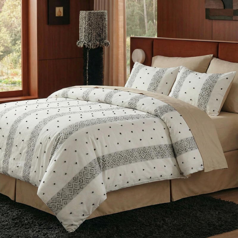 Cozaline 100% Cotton Duvet Cover Set King Size, Neutral Ivory Bedding with Ethnic Stripe, 3 Pieces Soft Breathable Boho Geometric Bed Set for All Seasons - Image 4