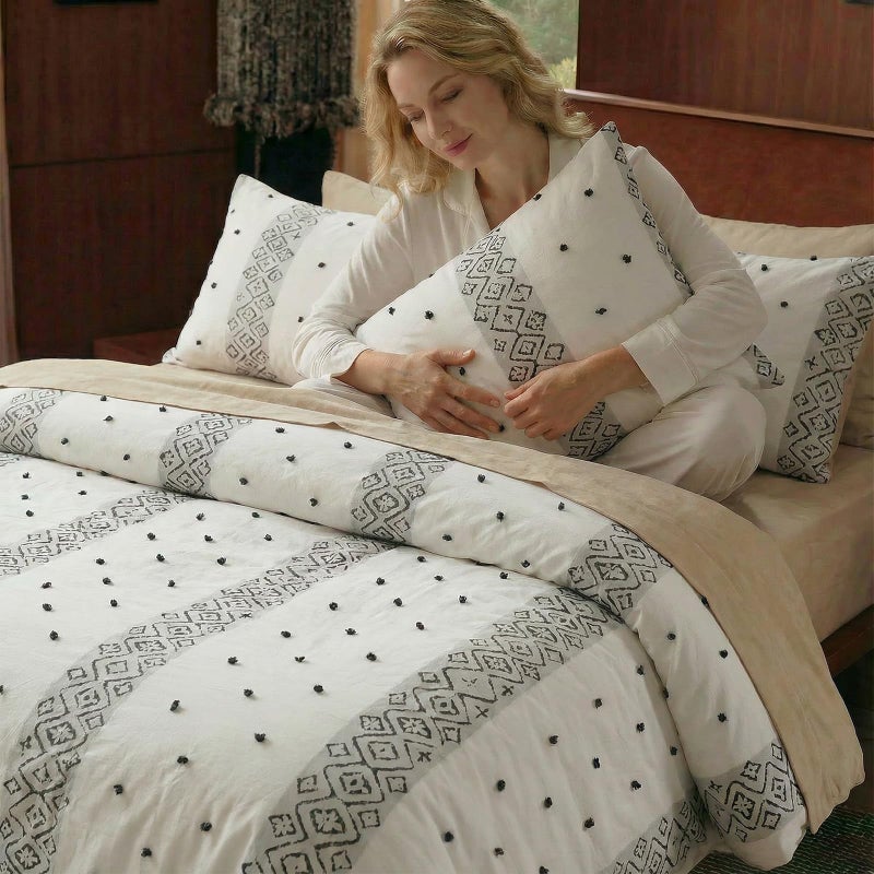 Cozaline 100% Cotton Duvet Cover Set King Size, Neutral Ivory Bedding with Ethnic Stripe, 3 Pieces Soft Breathable Boho Geometric Bed Set for All Seasons - Image 5