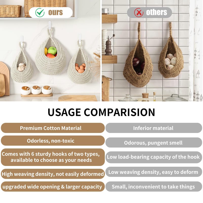 Injoran Boho Wall Hanging Fruit Baskets For Kitchen 3 Pack Woven Produce Holder With 6 Pcs Strong Hooks Vegetable Hanging Basket For Organizing Teardrop Home Wall Potato Onion Storage  White - Image 3