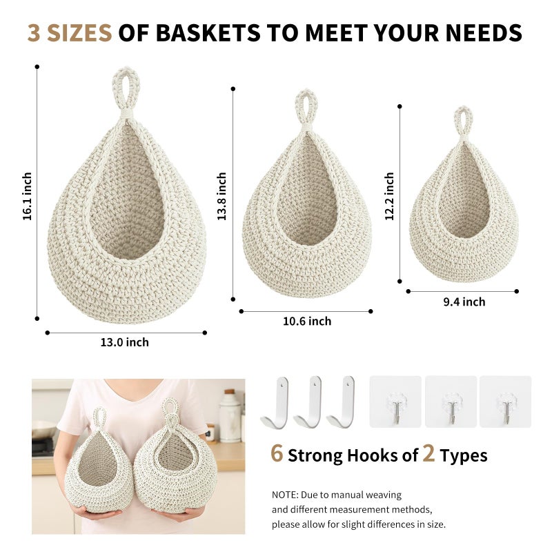 Injoran Boho Wall Hanging Fruit Baskets For Kitchen 3 Pack Woven Produce Holder With 6 Pcs Strong Hooks Vegetable Hanging Basket For Organizing Teardrop Home Wall Potato Onion Storage  White - Image 4