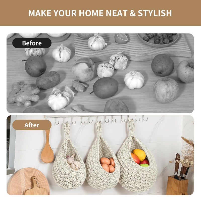 Injoran Boho Wall Hanging Fruit Baskets For Kitchen 3 Pack Woven Produce Holder With 6 Pcs Strong Hooks Vegetable Hanging Basket For Organizing Teardrop Home Wall Potato Onion Storage  White - Image 5