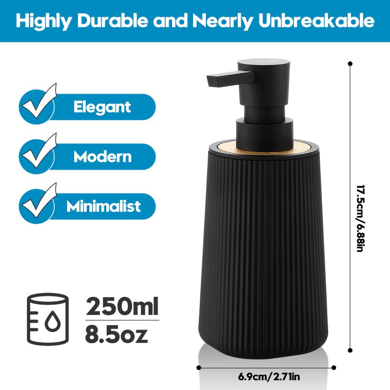 YAUKPH Small Soap Dispenser for Bathroom and Kitchen, Modern Farmhouse Striped Style Plastic Hand Soap Dish Soap Dispenser with Bamboo Decor Black - Image 3