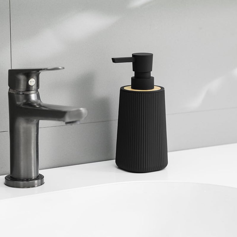 YAUKPH Small Soap Dispenser for Bathroom and Kitchen, Modern Farmhouse Striped Style Plastic Hand Soap Dish Soap Dispenser with Bamboo Decor Black - Image 2