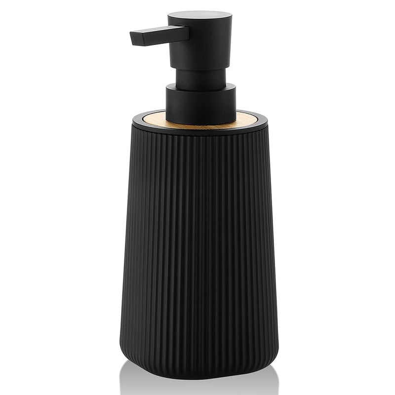 YAUKPH Small Soap Dispenser for Bathroom and Kitchen, Modern Farmhouse Striped Style Plastic Hand Soap Dish Soap Dispenser with Bamboo Decor Black - Image 1