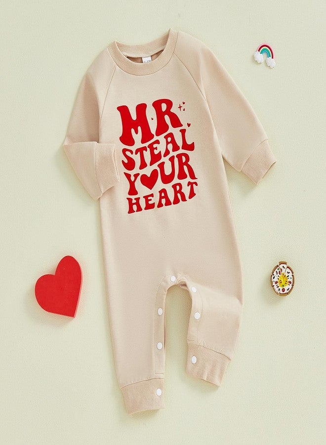 Frietlebird Newborn Valentines Outfit Boy Baby Long Sleeve Letters Romper Jumpsuit My First Valentines Day Baby Boy Outfit (A-Beige,0-3 Months) - Image 2