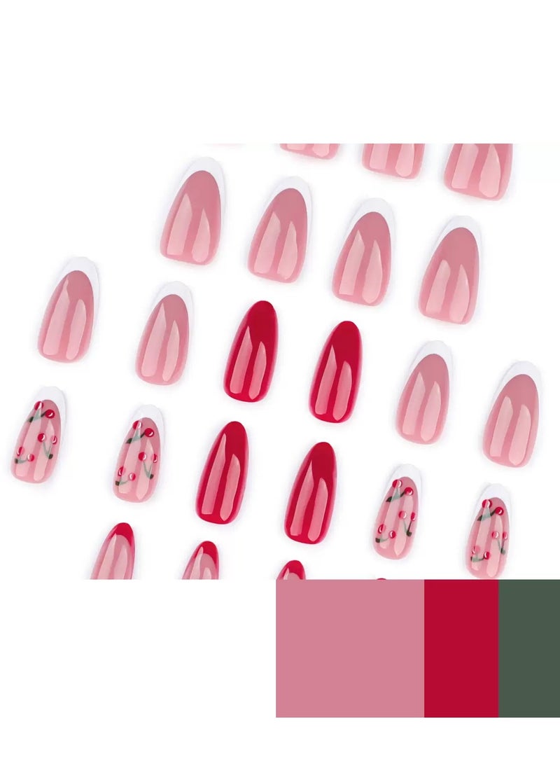 JOSQUEWNN Press On Nails,24pcs,Winter French Red Press-on Nail Set with Leopard Print and Cherry accents, Stylish and Personalized Nail Decals,Acrylic Nails With Glue Kit. - Image 2
