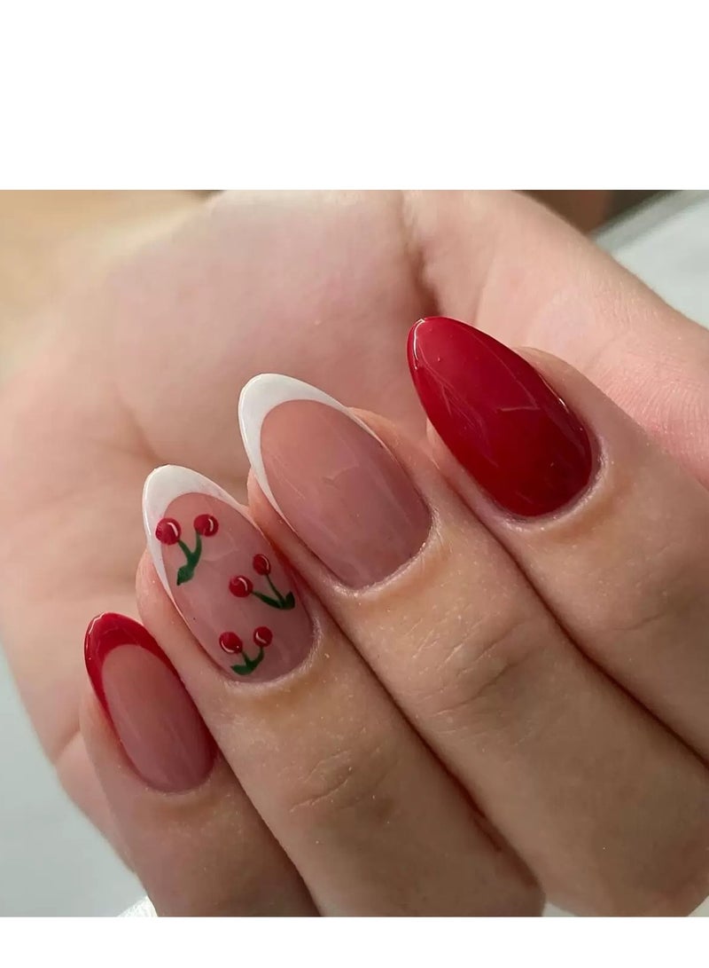 JOSQUEWNN Press On Nails,24pcs,Winter French Red Press-on Nail Set with Leopard Print and Cherry accents, Stylish and Personalized Nail Decals,Acrylic Nails With Glue Kit. - Image 1