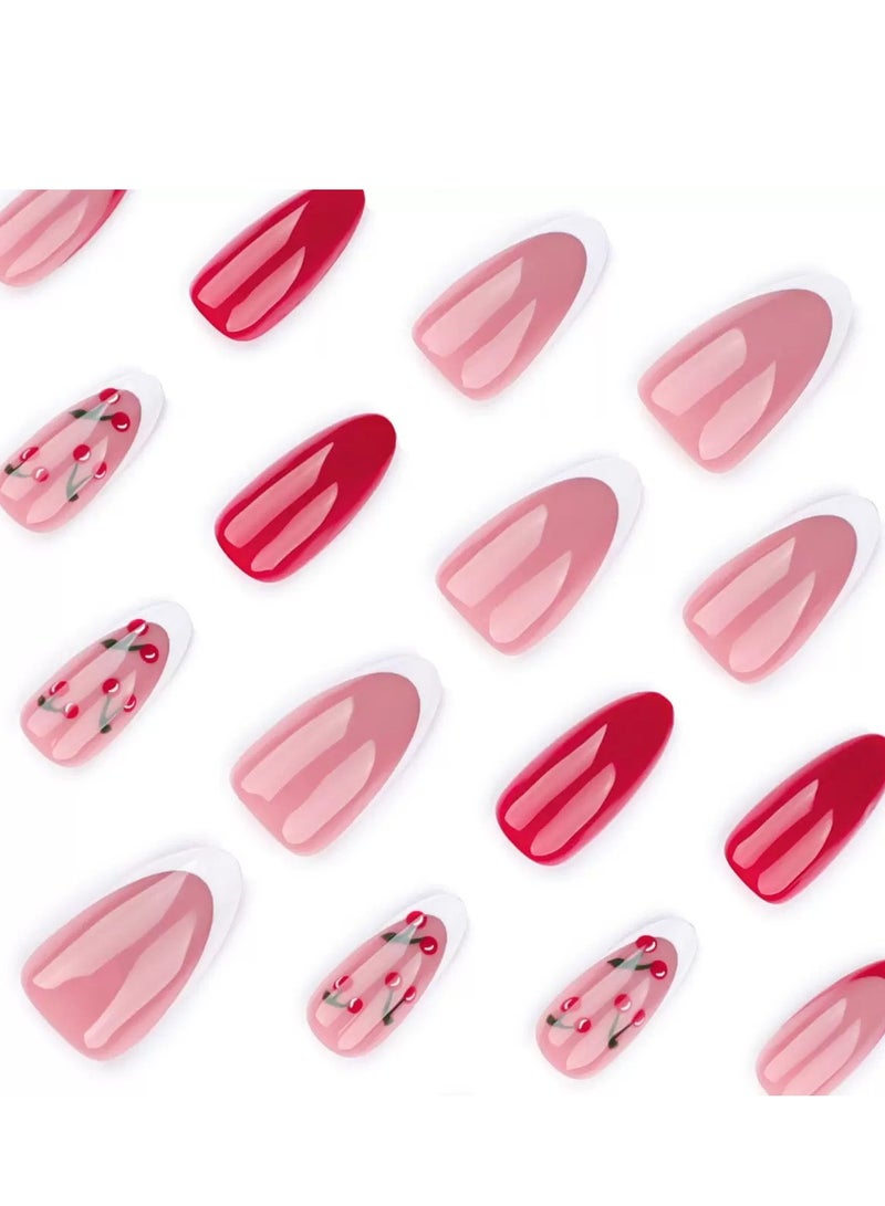 JOSQUEWNN Press On Nails,24pcs,Winter French Red Press-on Nail Set with Leopard Print and Cherry accents, Stylish and Personalized Nail Decals,Acrylic Nails With Glue Kit. - Image 3
