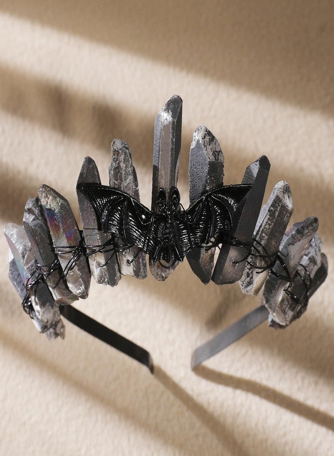 CoTeeZa Black Raw Crystal Headband with Bat - Whimsical Natural Quartz Tiara Headpiece for Women, Gothic Dark Goddess Headwear Elven Circlet for Witch Renaissance Halloween Cosplay - Image 3