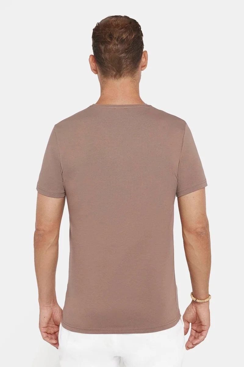Tudors Men's Slim Fit Slim Cut Cotton Soft Texture Flexible Fabric Plain Basic Brown Crew Neck T-Shirt