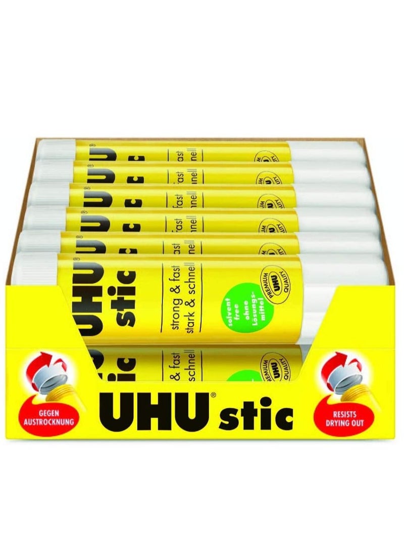 يو إتش يو UHU Glue Stick 8.2g عبوة من 12 قطعة بيضاء ، قابلة للغسل على الفور مثالية للمدرسة ، ببراغي على الغطاء - Image 1