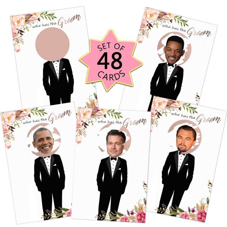 MORDUN Floral Bridal Shower Games Who Has The Groom Scratch Off Celebrity Cards Tickets for 48 Guests Funny Bachelorette Party Games Ideas Rose Gold White - Image 1