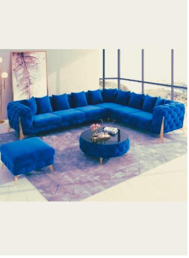 Maharat Al Bahar Golden-Legged L-Shaped Chesterfield Velvet Sofa Set Luxury Living Room Blue  6 Seater  - Image 1