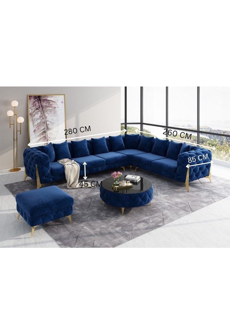 Maharat Al Bahar Golden-Legged L-Shaped Chesterfield Velvet Sofa Set Luxury Living Room Blue  6 Seater - Image 2