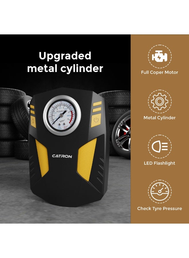 Catron Tyre Inflator for Car - 12V DC, up to 150 PSI, Analog Display Air Portable Pump, LED Flashlight (Black & Yellow) - Image 2