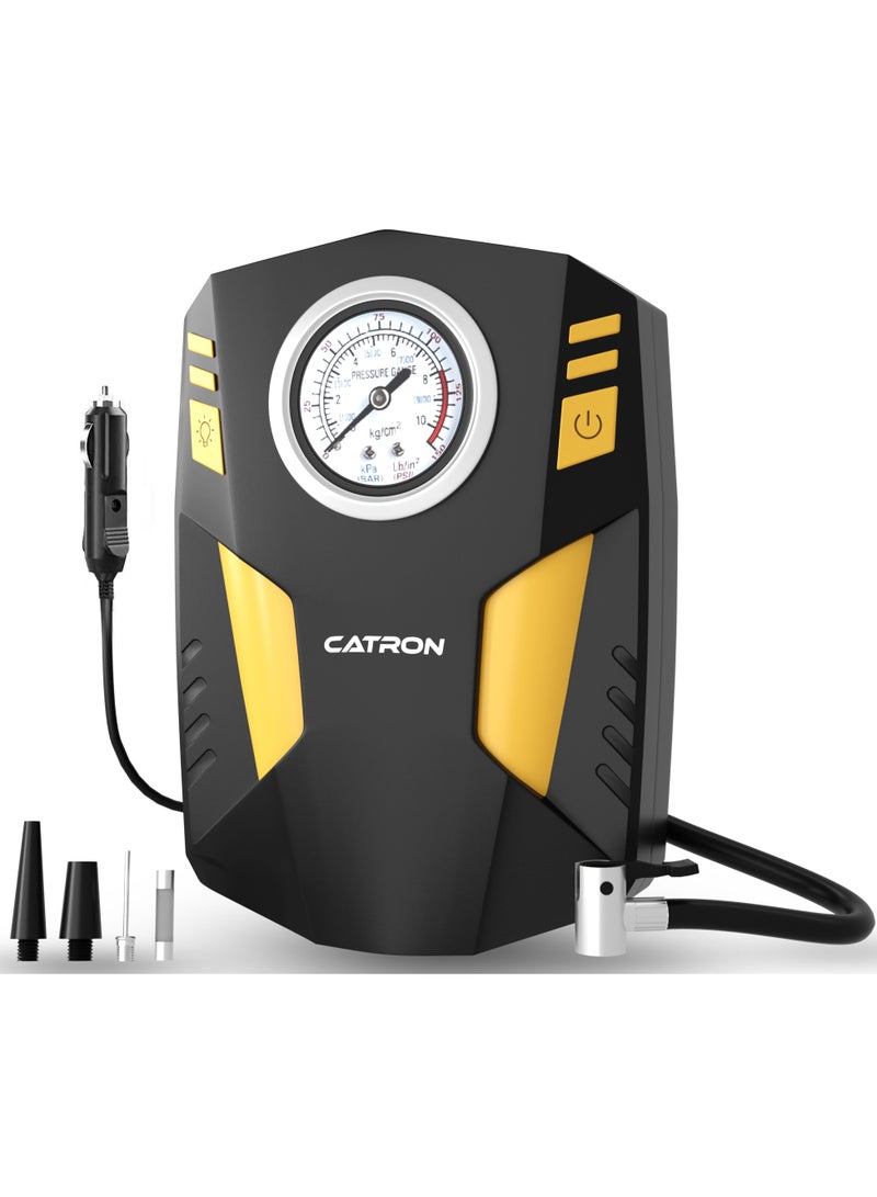 Catron Tyre Inflator for Car - 12V DC, up to 150 PSI, Analog Display Air Portable Pump, LED Flashlight (Black & Yellow) - Image 1