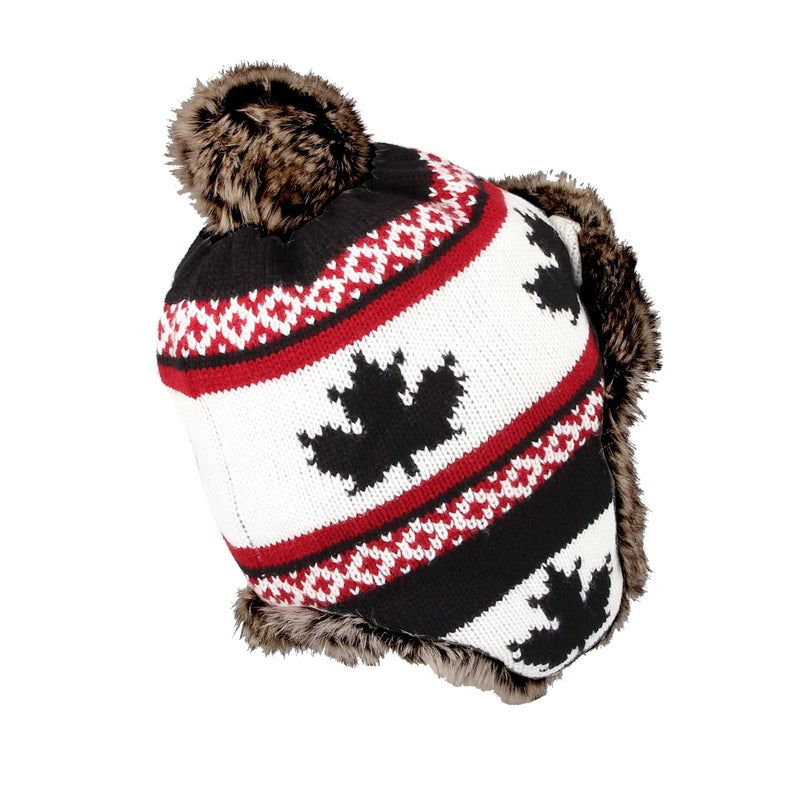 WITHMOONS Fleece Maple Fair Isle Knit Beanie Hat Earflaps Cap FZ70021 (Black) - Image 4