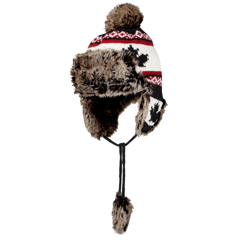 WITHMOONS Fleece Maple Fair Isle Knit Beanie Hat Earflaps Cap FZ70021 (Black) - Image 1