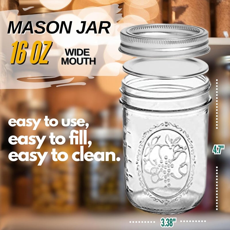 PR1M3 Wide Mouth Mason Jars 16 Oz (2-Pack) with Metal Airtight Lids & Bands, Glass Jars for Fermenting, Pickling, Preserving, Meal Prep, or DIY Decors and Projects - Image 5