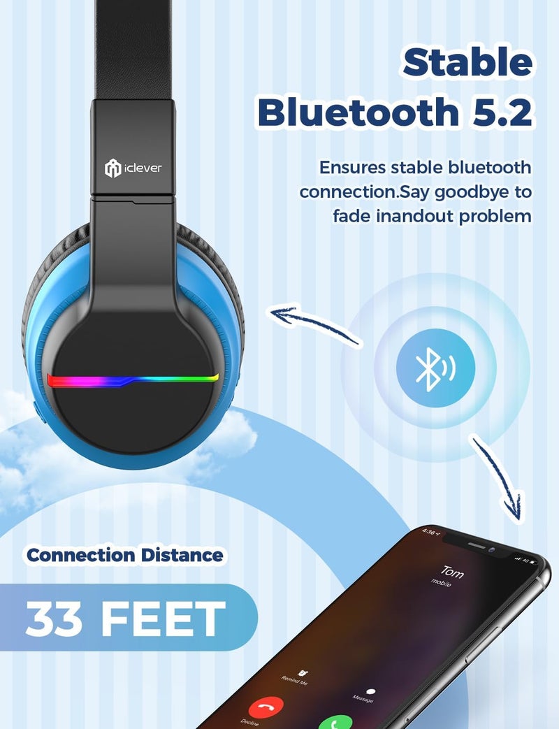 iClever Home & professional compatible Bluetooth Children's Headphones, Coloured LED Lights, Children's Headphones Over-Ear with 74/85 dBA Volume Limit, 85 Hours Playtime, Bluetooth 5.2, Built-in Microphone Repeated use trusted quality - Image 5