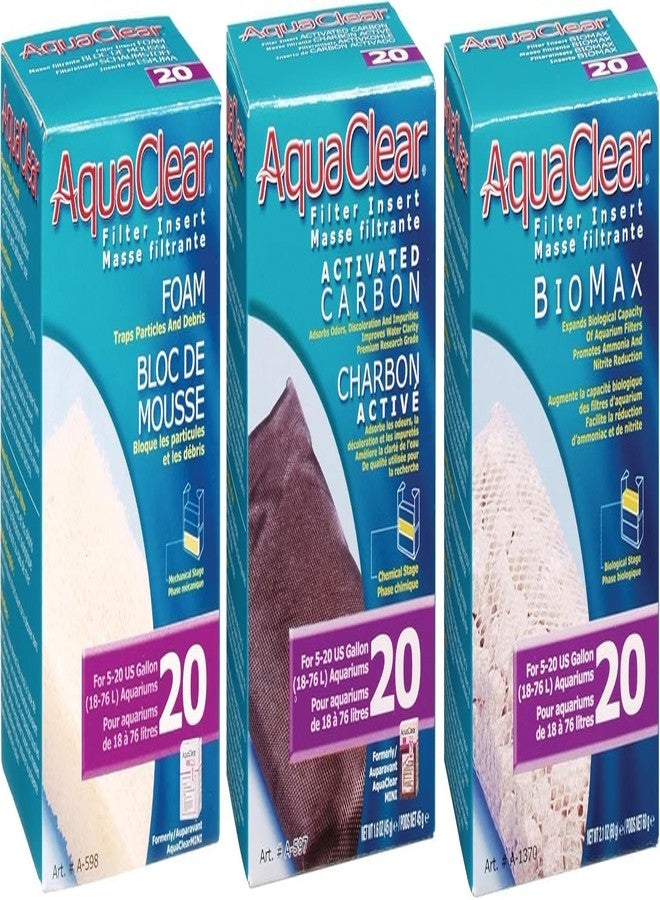 طقم صيانة AquaClear Fluval 20، فلتر حوض السمك المعلق على الظهر، Aqua Clear AC20، رغوة الكربون Biomax، يكفي لمدة 3 أشهر