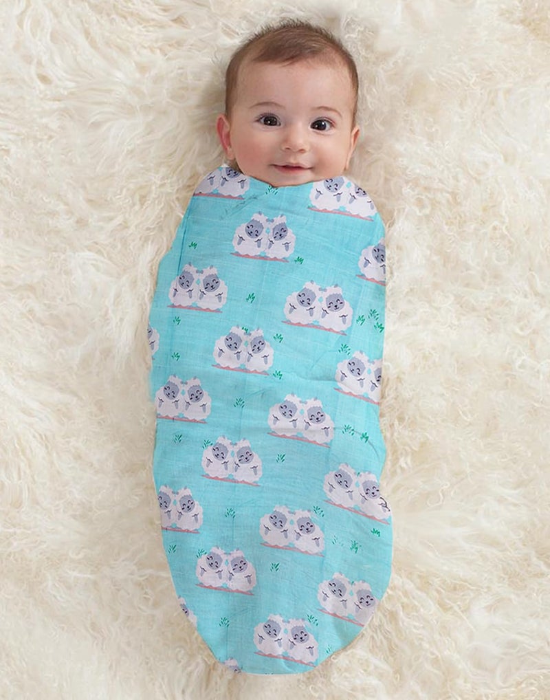 POLKA TOTS 100% Organic Muslin Cotton Soft Swaddle Blanket for New Born Infants Baby Kids| Pack of 2 | Large Size (Up to 6 Months) | Bird & Sheep Design | Dark Blue & Light Blue - Image 2