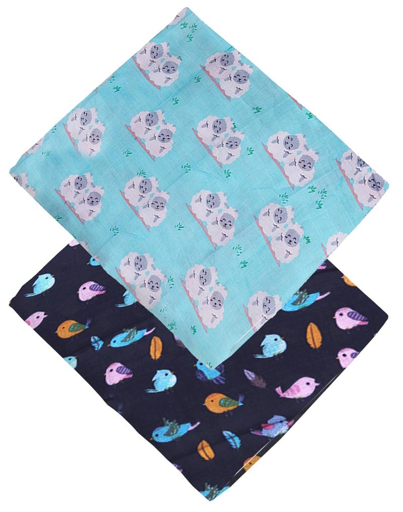 POLKA TOTS 100% Organic Muslin Cotton Soft Swaddle Blanket for New Born Infants Baby Kids| Pack of 2 | Large Size (Up to 6 Months) | Bird & Sheep Design | Dark Blue & Light Blue - Image 3