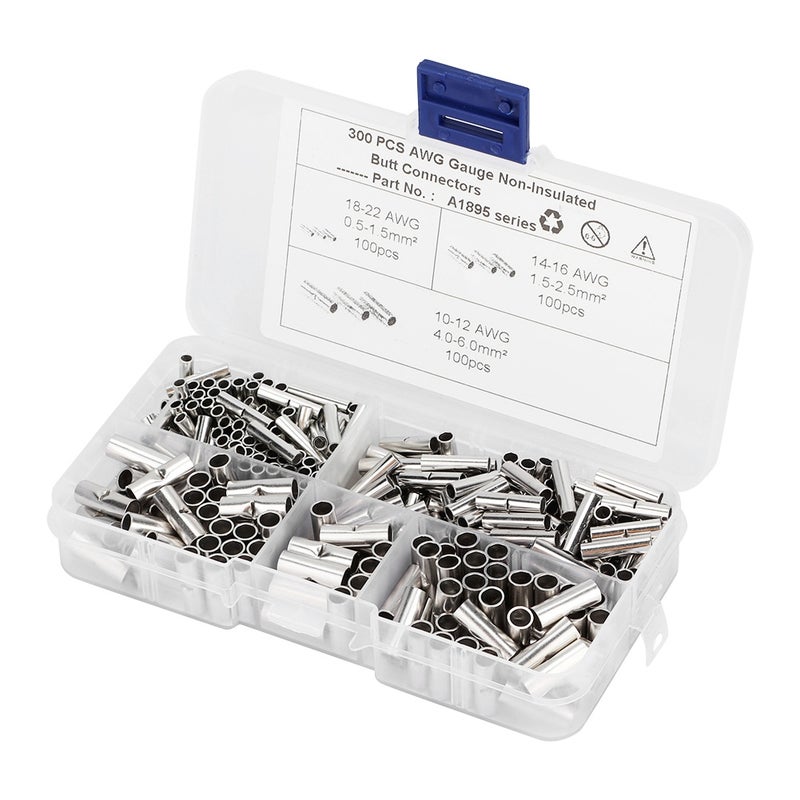 300Pcs Non Insulated Copper Butt Splice Wire Connector Tinned Crimp Terminal Kit for Boat Auto - Image 1