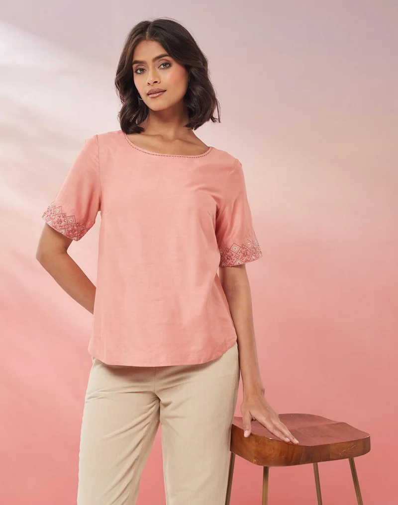 فاب انديا Dustypink Viscose Silk Hand Embroidered Top