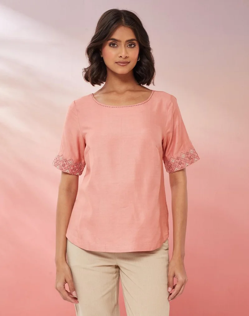 فاب انديا Dustypink Viscose Silk Hand Embroidered Top