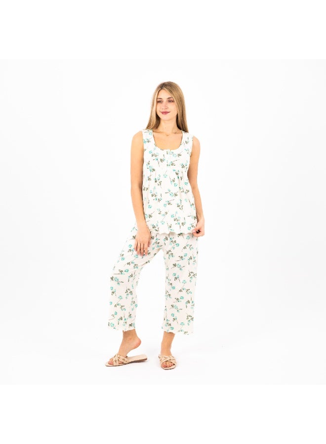 zecotex  Women's Summer Pajama Set – 100% Cotton Sleeveless Top & Capri Pants – Floral Print – Soft & Breathable Lounge & Sleepwear – Sizes S to 2XL  - Image 2