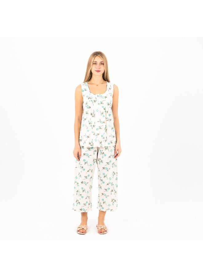 zecotex  Women's Summer Pajama Set – 100% Cotton Sleeveless Top & Capri Pants – Floral Print – Soft & Breathable Lounge & Sleepwear – Sizes S to 2XL  - Image 1