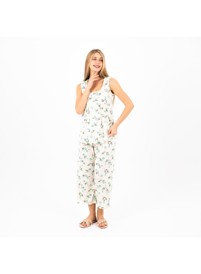 zecotex  Women's Summer Pajama Set – 100% Cotton Sleeveless Top & Capri Pants – Floral Print – Soft & Breathable Lounge & Sleepwear – Sizes S to 2XL  - Image 3