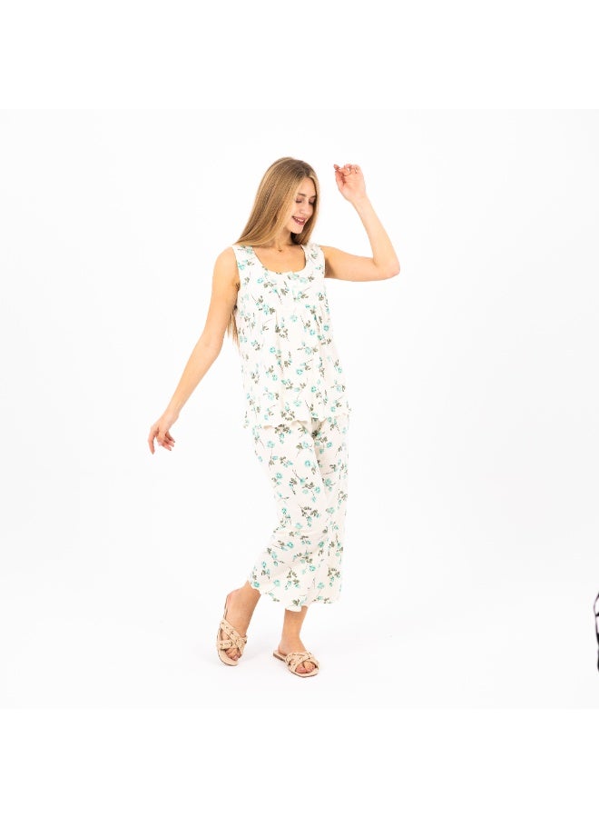 zecotex  Women's Summer Pajama Set – 100% Cotton Sleeveless Top & Capri Pants – Floral Print – Soft & Breathable Lounge & Sleepwear – Sizes S to 2XL  - Image 5