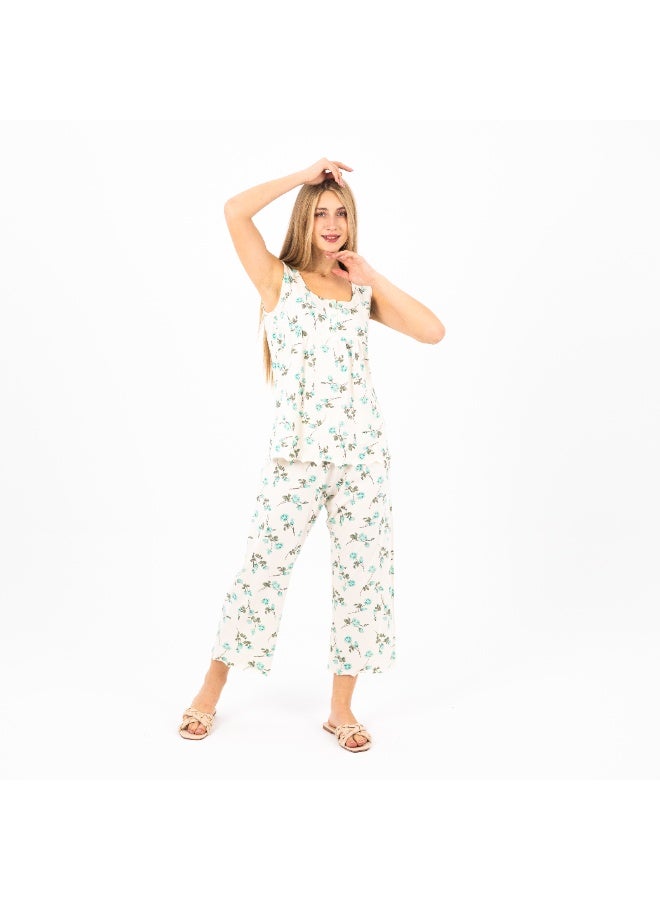 zecotex  Women's Summer Pajama Set – 100% Cotton Sleeveless Top & Capri Pants – Floral Print – Soft & Breathable Lounge & Sleepwear – Sizes S to 2XL  - Image 4