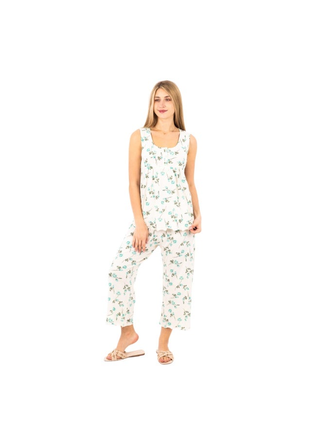 zecotex  Women's 2-Piece 100% Soft Cotton Pajama Set - Sleeveless Gathered Top & Wide-Leg Pants - Turquoise Floral Print.