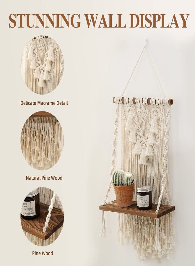 ANROYE Single Tier Macrame Boho Wall Hanging Shelf, Handmade Bohemian Wooden Woven Plants Floating Shelves Decor, Mini Chic Organizer for Bathroom Bedroom Kitchen Home Nursery Storage - Image 2