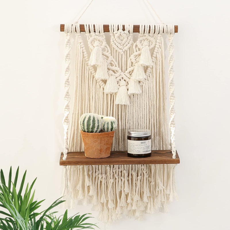ANROYE Single Tier Macrame Boho Wall Hanging Shelf, Handmade Bohemian Wooden Woven Plants Floating Shelves Decor, Mini Chic Organizer for Bathroom Bedroom Kitchen Home Nursery Storage - Image 1