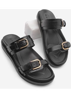 MARJIN Women's Leather Double Band Buckled Casual Slippers Tanva  - Image 1