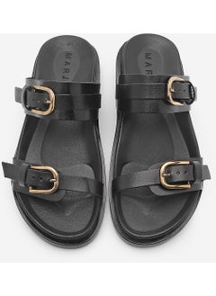 MARJIN Women's Leather Double Band Buckled Casual Slippers Tanva  - Image 4