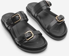 MARJIN Women's Leather Double Band Buckled Casual Slippers Tanva  - Image 3