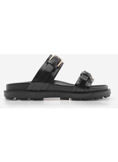 MARJIN Women's Leather Double Band Buckled Casual Slippers Tanva  - Image 2